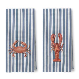 Foritho Red Crab Lobster Coastal Kitchen Towels, Blue Striped Ocean Beach Hand Towels for Bathroom, Coastal Nautical Dish Tea Towels for Kitchen Decor, Seafood Boil Party Supplies, 16x24 Inch Set of 2