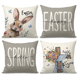 FUYUCHEN Happy Easter Pillow Covers 18x18 Inch Set of 4 He is Risen Cross Flowers Rabbit Grey Decorative Throw Pillows Hello Spring Pillowcases for Sofa Couch Home Farmhouse Holiday Decorations