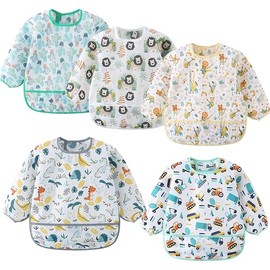 5 Pack Long Sleeve Bib,Baby Toddler Waterproof Sleeved Bib for 6-30 Months Reusable with Catch-all Pocket