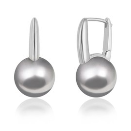 12MM Grey Round Shell Pearl Drop Dangle Earrings Platinum Plated Leverback Hoops for Women Minimalist Simulated Pearl Jewelry