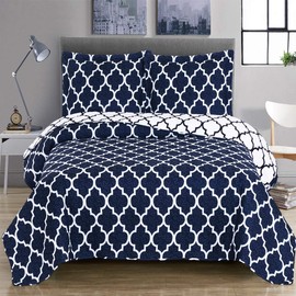 Royal Hotel Navy and White Meridian Full/Queen Coverlet 3pc Set, Oversized Luxury Microfiber Printed Quilt