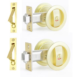 Dontay Pocket Door Lock, Color Coded Indicators, Privacy (Bed/Bath) Handles Latch, 2-3/8" Backset, Hardware for 1 3/8” to 2 3/16” Thickness Door (Including Edge Pull, Satin Brass, Round - 1 Pack)