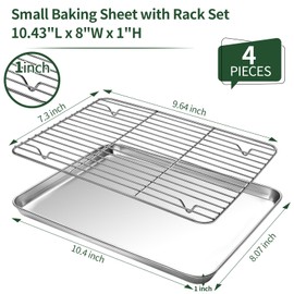 Baking Sheet with Cooling Rack Set(2 Baking Pans+2 Baking Racks), CEKEE Stainless Steel Non Stick Small Cookie Sheet Set, Size 10.39 x 8.07 x 1 Inch, Easy to Clean Small Baking Sheet with Rack Set
