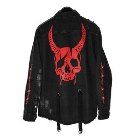 ebossy Men's Skull/Cobra Print Hipster Hip-Hop Distressed Frayed Denim Jean Jacket (Small, Black/Skull)
