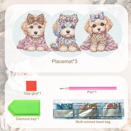 SHEGZHUC 3 Pack Diamond Painting Tableware Mat Place Mat Dogs 15 cm Diamond Painting Placemats Animals Pot Coaster with Non-Slip Plate Mat Table Decoration Place Mats for Bowls Pans Pans