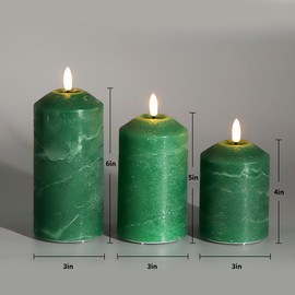 Eywamage Green Flameless Pillar Candles with Remote, Real Wax Flickering LED Candles Battery Operated Set of 3