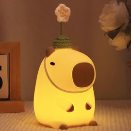 Okayera Capybara Night Light, Cute Flower Squishy Animal Lamp LED Nursery Nightlight with USB Rechargeable Timer Dimmable, Best Home Bedside Decor for Kids on Birthday Christmas Gift