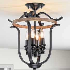 4-Light Farmhouse Iron Cage Rustic Mini Flush Mount Ceiling Light Fixture, Black Metal and Faux Wood Rustic Candle-Style Chandelier, E12 Base, 15'' Wide x 17'' High, for Dining Room, Foyer, Entryway