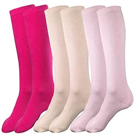 juDanzy 3 Pairs of Boys and Girls Solid Knee High Uniform Socks for School, Soccer, Football, AFO etc. (2-4 Years, Hot Pink, Oatmeal, Light Pink)