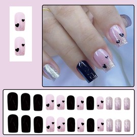 24Pcs Valentines Day Press on Nails Short Square Fake Nails Glitter Silver French Tip False Nails Black Heart Glue on Nails Valentines Artificial Acrylic Nails Cute Stick on Nails for Women Manicure
