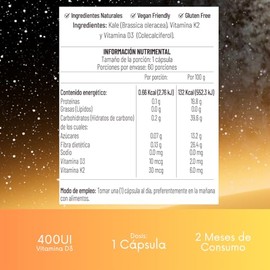 Alova | Vitamina D3 K2 + Kale Superfoods, Suplemento Natural D3 400 UI, Sin Aditivos, Alta Absorción, 60 Cápsulas Vegetales