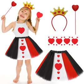Mprocen Queen of Hearts Costume for Girls, Kids Queen of Hearts Costume with Tutu Skirt Crown Wand Heart Stickers for Girls World Book Day Carnivals Party Dress Up