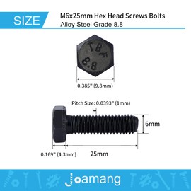 Joamang M6 x 25mm 25Pcs Hex Bolts, Hexagon Head Screw, 8.8 Grade Alloy Steel, Black Oxide Finish, Metric Full Machine Thread