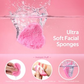 GAINWELL 50-Count Heart Shape Compressed Facial Sponges for Daily Facial Cleansing and Exfoliating, 100％ Natural Cosmetic Spa Sponges for Makeup Remover