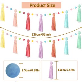 3Pcs Colorful Boho Tassel Garland,Each 130cm/51in Long 12 Balls Felt Ball Garland,Rainbow Pom Pom Tassel,for Kids Room Classroom Nursery Dorm Birthday Party Decorations (3pcs)