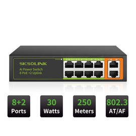 SICSOLINK AI Smart 8 Ports PoE+ Switch,2 Uplink,802.3af/at,120W Total Power, 100Mbps,Extend to 250Meter,Unmanaged,Plug & Play,Suitable for IP Cameras,Networking Devices & Home Office.