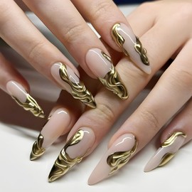24Pcs Gold French Tip Press on Nails Long Almond Fake Nails 3D Gilded Gold Water Ripple Full Cover Design Reusable Glue on Nail Stiletto False Nails Glossy Nude Acrylic Nails for Women Luxury Manicure