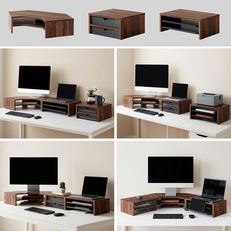 Fenge Dual Monitor Stand, Corner Desk Shelf with Drawer &