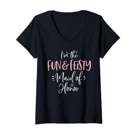Womens Fun & Feisty Maid of Honor Group Funny Matching Bachelorette V-Neck T-Shirt