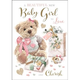 New Baby Girl Congratulations Card - Beautiful Baby Girl to Love - Teddy Bear Design - Special Finishes and Illustrated Insert Leaf - Made in the UK