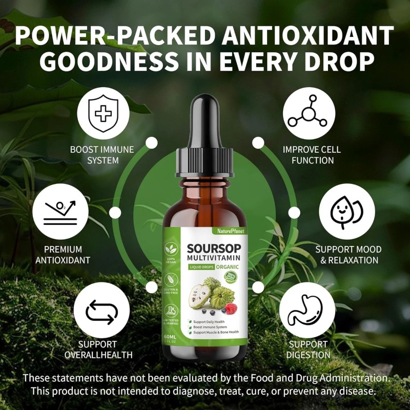 NaturePlanet Soursop Multivitamin Liquid Drops with 5000mg Soursop, Vitamin B...