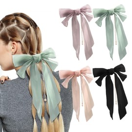 papasgix Hair Bow Clips, Bow Hair Clips for Women Hair Ribbons Big Hair Bow Clips Silk Hair Bows Ribbon for Women Girls (4, Green+Purple+Pink+Black)