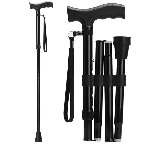 Kitchasy Foldable Walking Cane with 5-Level Adjustable Height，Collapsible Cane, Portable Hand Walking Stick, Balancing Mobility Aid, Lightweight and Sturdy Walking Stick with T Handles for Men, Women