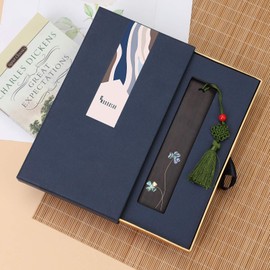 Woodushu Premium Wooden Bookmark Gift Box Set, Navy Blue, 5.71 x 1.18 inches, with Decorative Tassel