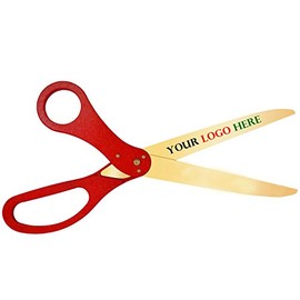 Custom Logo Ribbon Cutting Scissors - 30 Inch Long, Red Handles, Gold Color Blades