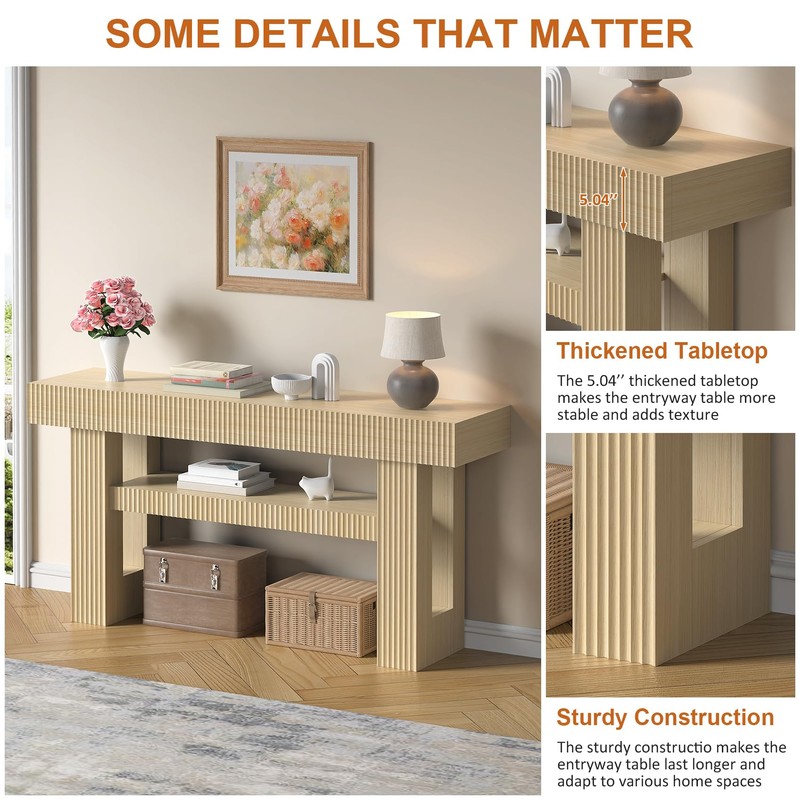 Bigbiglife 63" Fluted Console Table, Natural Oak