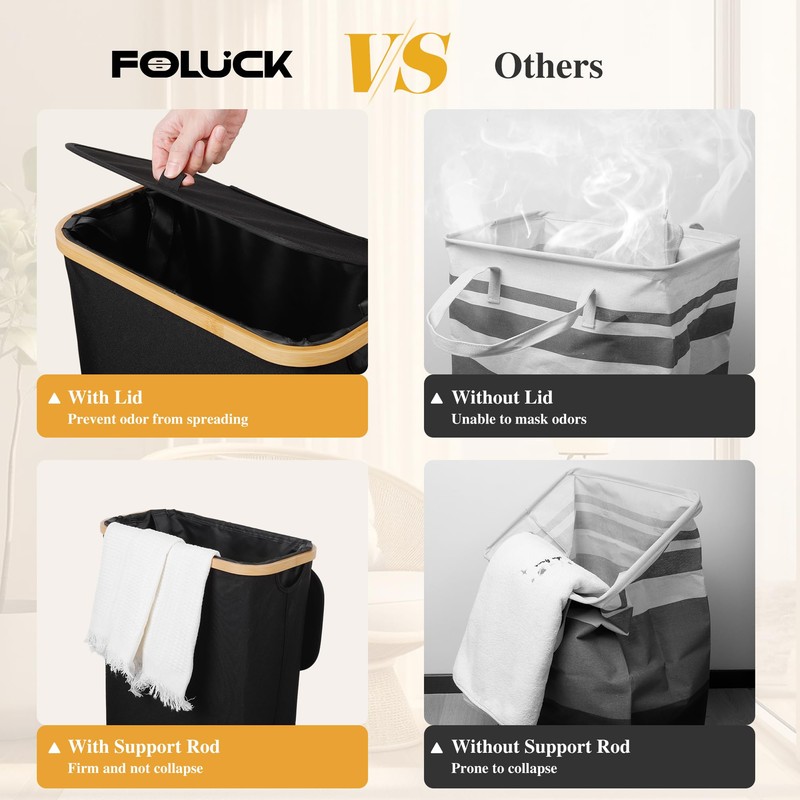 Foluck Slim Laundry Hamper, 60L Waterproof Narrow Laundry Basket with