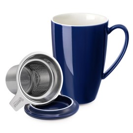 Sweese - Taza de té de cerámica de 15 onzas con infusor y tapa, apta para microondas y lavaplatos, con hojas sueltas extrafinas para té, mango cómodo, juego de té en caja de regalo, color azul oscuro