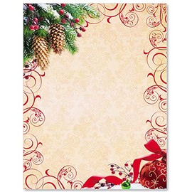 Paperdirect Holiday Ruby Scroll Ornament Christmas Winter Theme Stationery, Border Paper, Letterhead 8.5 x 11, 25 sheets, Elegant Premium Writing Paper, Decorative Printer Paper