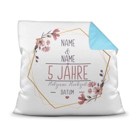 Wedding Anniversary Wooden Wedding Cushion - Design Yourself with Name & Date - 5 Years of Marriage, Gift Wedding, Anniversary, Anniversary - Wedding Colour Cushion Back Light Blue, 40 x 40 cm I