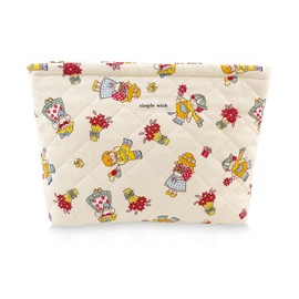 Yovell Quilted Makeup Bag Floral Makeup Bag Cute Make Up Pouch Travel Organizer Toiletry Bag Cotton Cosmetic Bags for Women Girls (Floral Red w/Girl)