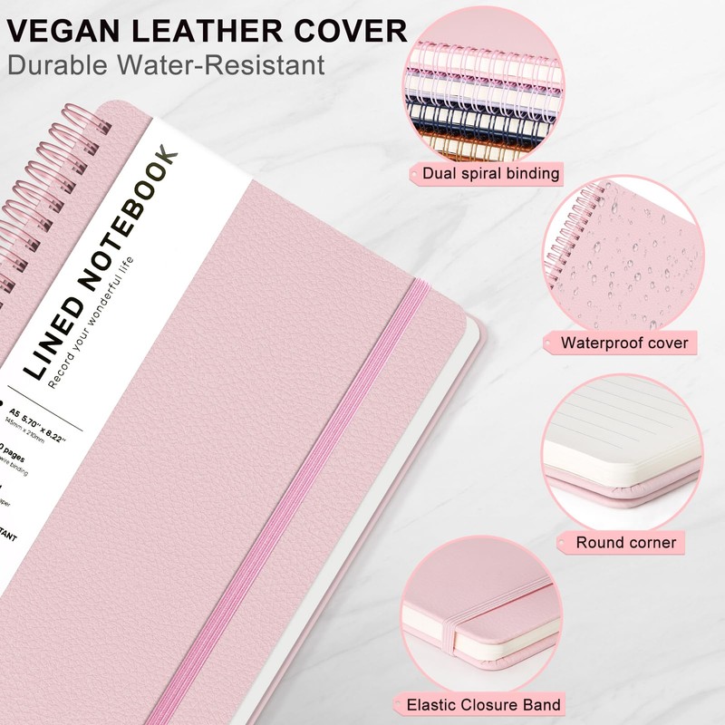 ABERLLS Pink Lined Spiral Journal Notebook with 160 Pages, 8×5.7in,