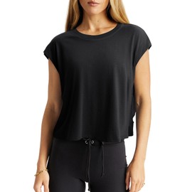 LASLULU Womens Open Back Workout Tops Athletic Oversized Tshirts Backless Short Sleeve Loose Fit Shirts Oversized Crop Top Running Yoga Fitness Clothes Y2k Cute Tops (Black, Small)