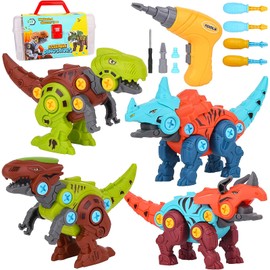 4 Pack Dinosaur Toys for Kids, Take Apart Dinosaur Toy with Electric Drill & 4 Hand Drill Tool, Building STEM Toy Christmas Birthday Gift Learning Construction Toys for 3 4 5 6 7 Year Old Boys Girls