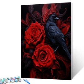 Tucocoo Red Rose and Raven DIY Paint by Number for Adults Beginners Delicate Flowers Painting by Number on Canvas with Brushes and Acrylic Pigment Dark Style Easy to Paint with Frame 16 x 20inch
