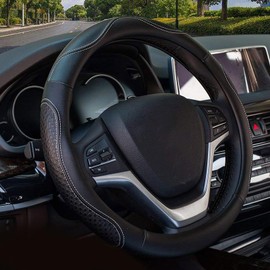 Valleycomfy Leather Steering Wheel Covers Universal 15.75 inch -Breathable, Anti Slip & Odor Free (Black with White Lines,L(15" 1/2-16"))