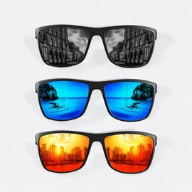 FEICE 【 3 pairs 】 Stylish Sports Sunglasses, Unisex Square Large Frame, Lightweight UV Protection, Colored Polarized Lenses, Ideal Travel Companion