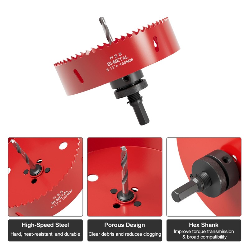 Fivelake 5-1/8 Inch M42 HSS Hole Saw - 130mm Bi-Metal