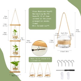 XXXFLOWER 3 Tiered Mushroom Glass Vase Wall Planter Hydroponic Propagation Station with Hanging Herb Cuttings Vase for Hydroponic Plant Decor for Living Room Indoor Outdoor Multi-Space