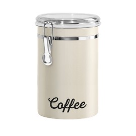 Oggi Stainless Steel Coffee Canister 62 fl oz - Airtight Clamp Lid, Warm Gray, Tinted See-Thru Top - Ideal for Coffee Bean Storage, Ground Coffee Storage, Kitchen Storage, Pantry Storage. 5 x 7.5