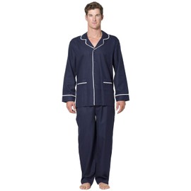 INTIMO Mens Herringbone Long Pajama Set with Piping, Navy, S