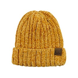 C.C Unisex Chenille Soft Warm Stretchy Thick Cuffed Knit Beanie Cap Hat-Mustard