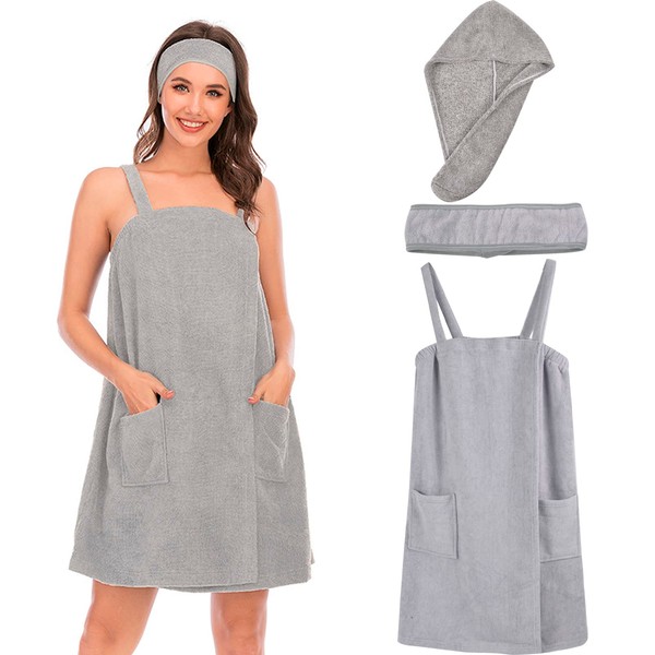 QZUnique Towel Wrap with Straps, Women Shower Bath Robes Turban&Headband Bathrobe Dress with Velcro Adjustable