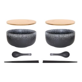 Cteaffee 38 oz Large Ceramic Ramen Bowls Set of 2 (8 Pieces), Japanese Ramen Bowl, Soup Bowl, Noodle Bowl with Spoon and Chopsticks, Salad, Rice, Microwave and Dishwasher Safe (Star Black Set of 2)