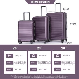3-Piece Set Hardside Spinner, 3 Piece Luggage Sets ABS Lightweight Suitcase with Two Hooks, Spinner Wheels, TSA Lock, (20/24/28) (Purple)
