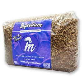 Mycelium Gourmet Mushroom Cultivation Substrate - Premium Organic 10LB Blend of 50% Oak & 50% Soy Hull w/Sterilized Rye Berries - Perfect for Variety of Wood-Loving Mushrooms - Easy Home Growing